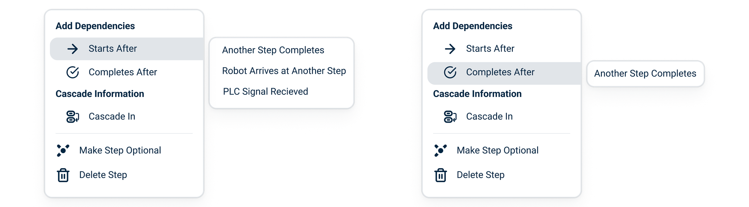Dependency menu showing Starts After and Completes After options in plain english