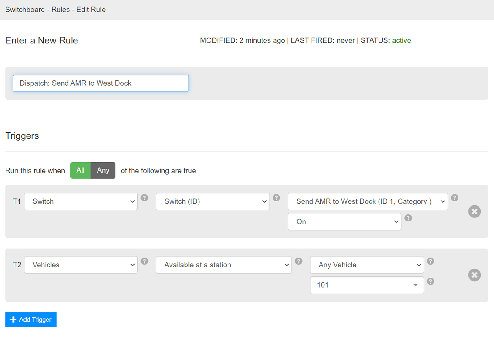 The legacy rules engine: a rule with dropdown-based triggers