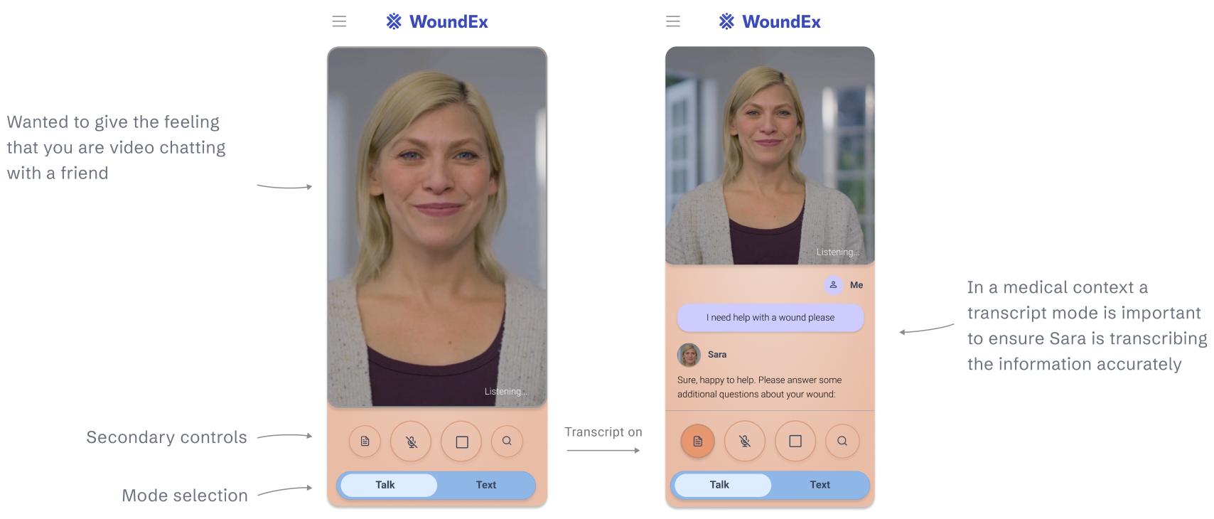 Sara's talk mode annotated: the avatar-first screen beside the transcript view