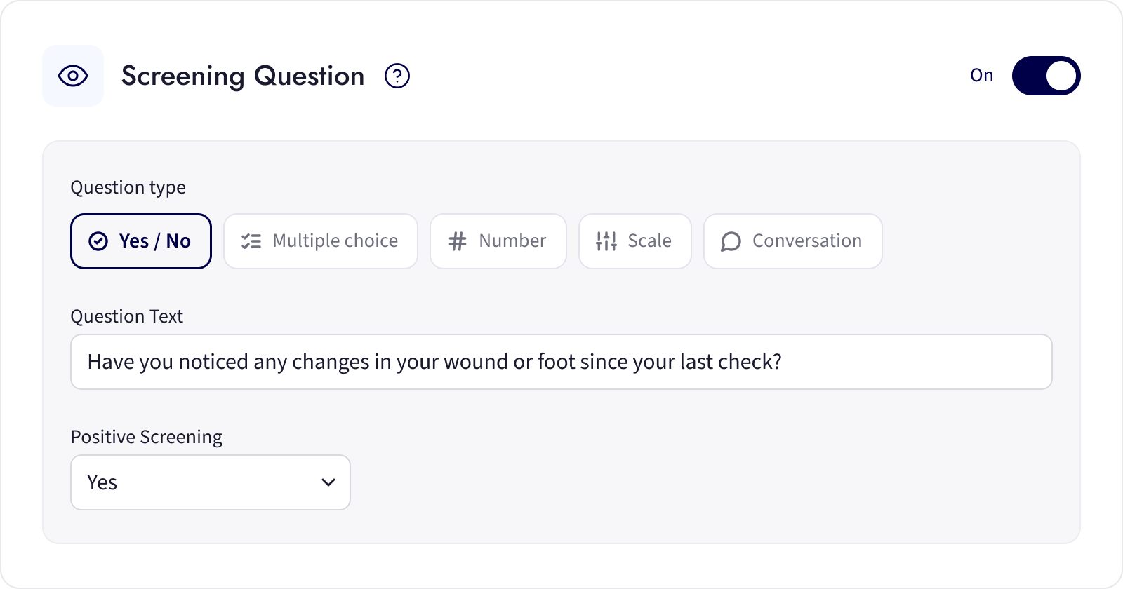 A screening question card with question type, question text and the answer that counts as a positive screen
