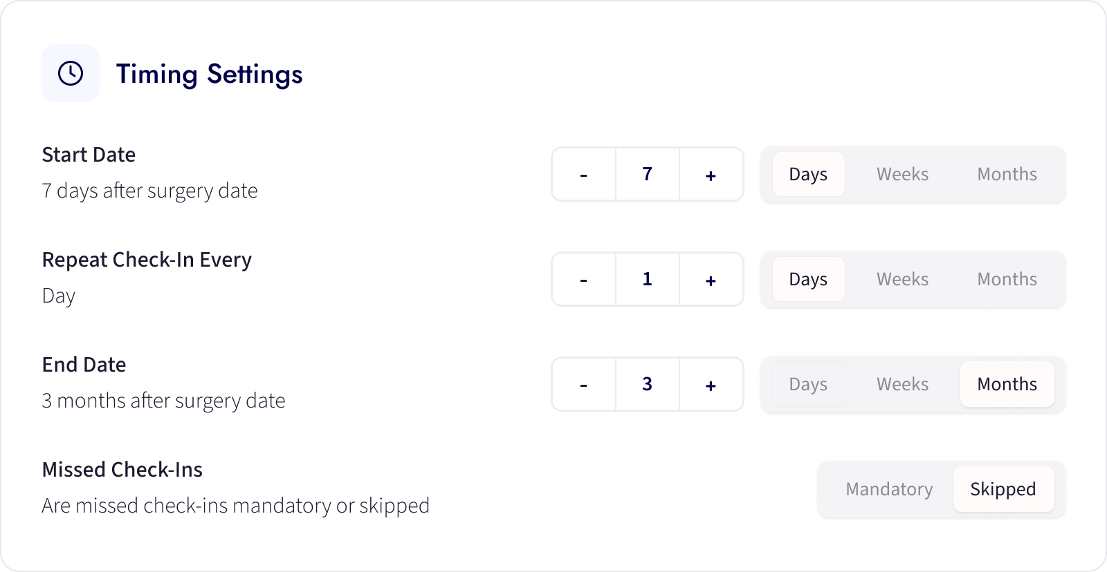 Timing settings: start date, repeat cadence, end date and missed check-ins