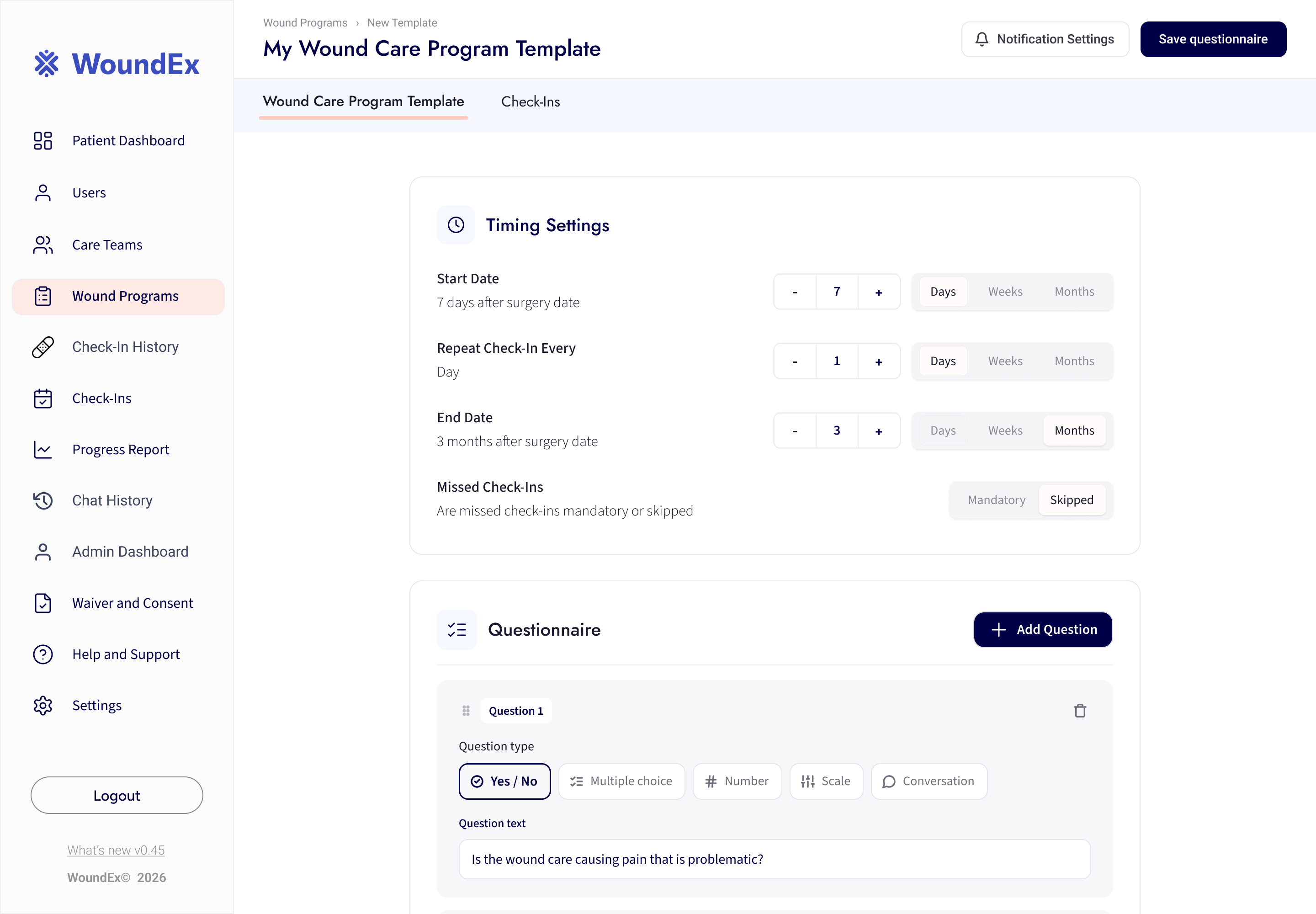The wound care program template being authored, with a screening question and a questionnaire